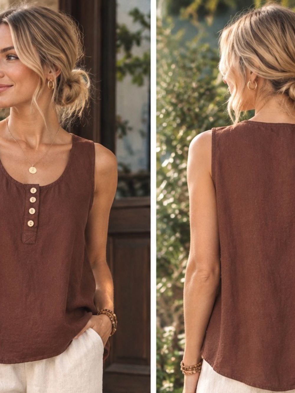 Brown Sleeveless Henley Tank with Button Placket NWOT